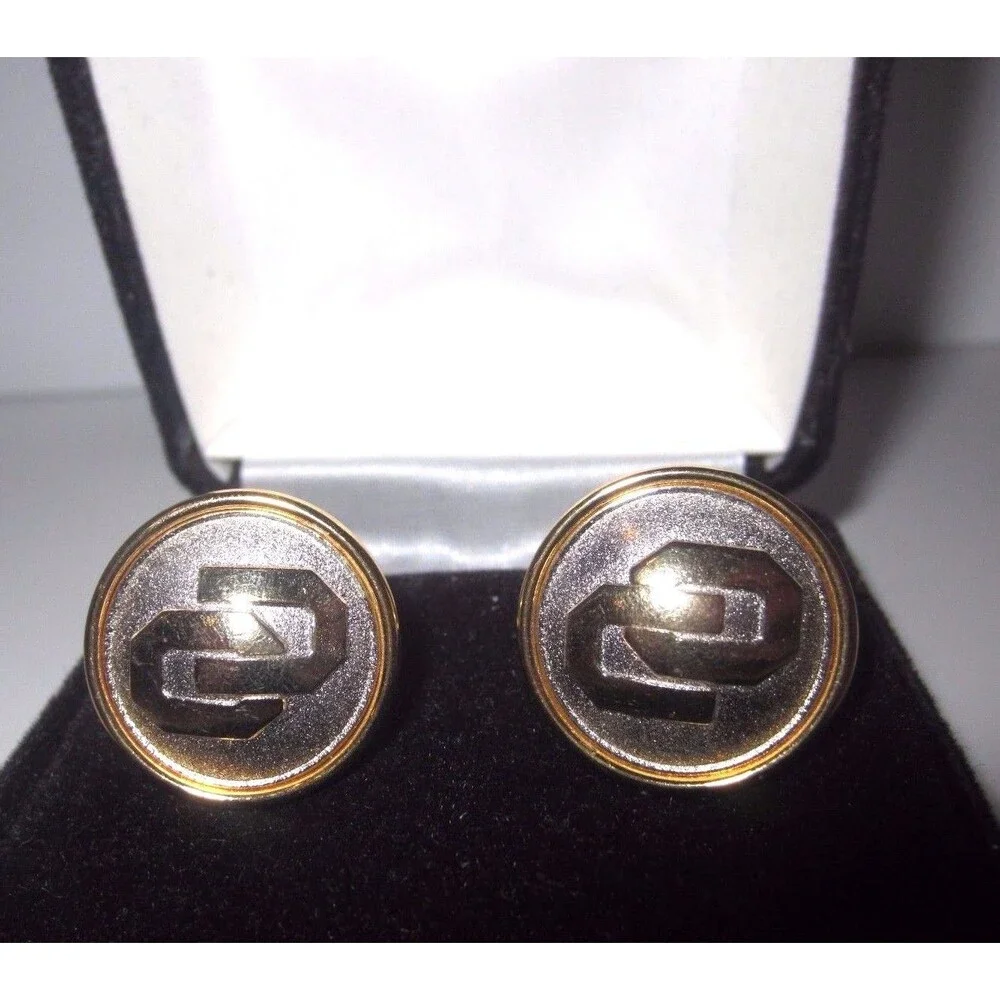 Vintage Round Emblem Cufflinks - Yellow & White Goldtone - With Box - Unsigned